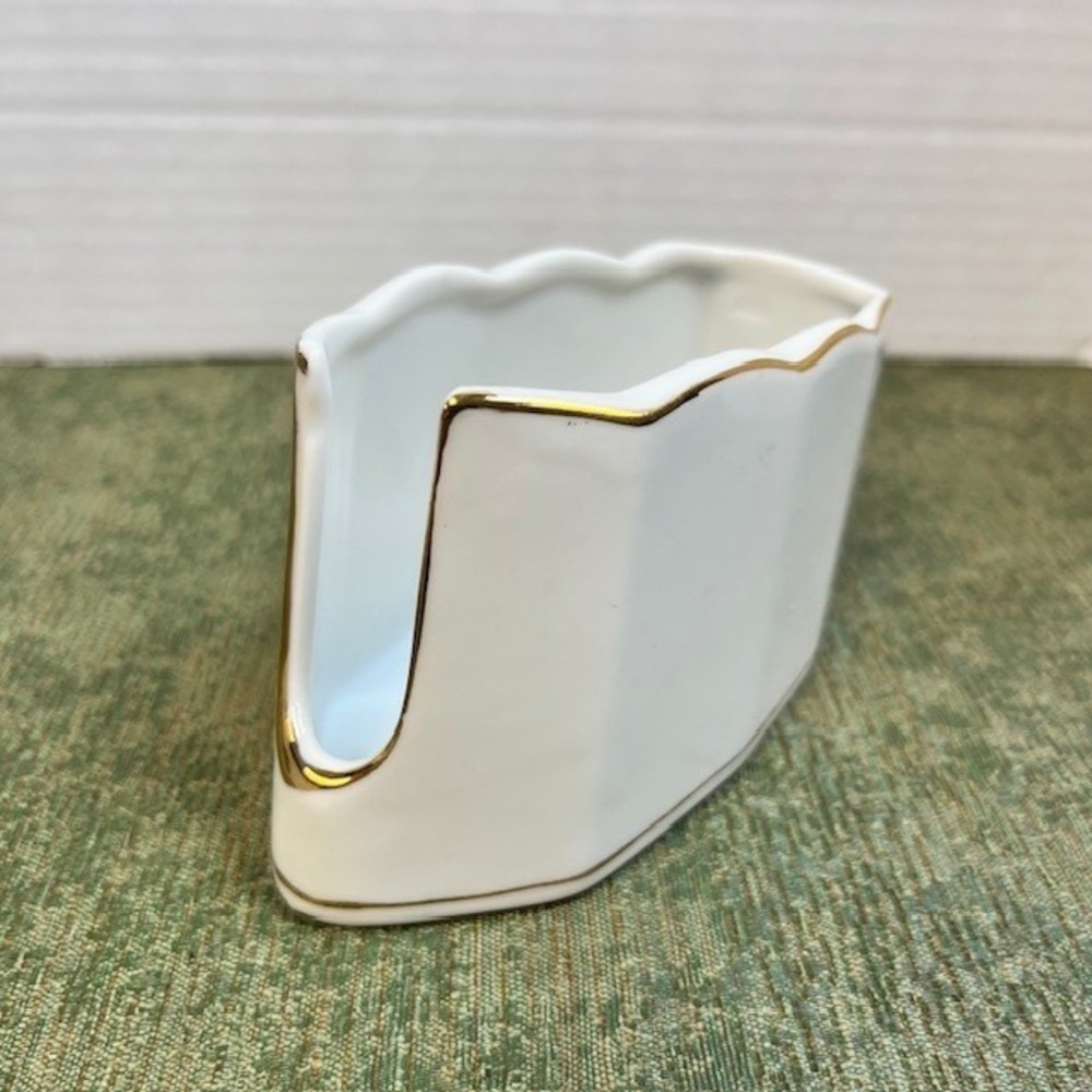 vintage white porcelain spoon rest/flatware caddy Japan featuring gold trim